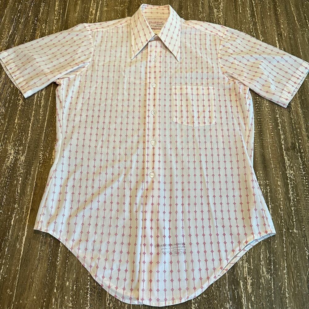 Vintage Dectolene Knits Arrow 60s Short Sleeve Collar Shirt Cream Red AOP 14.5